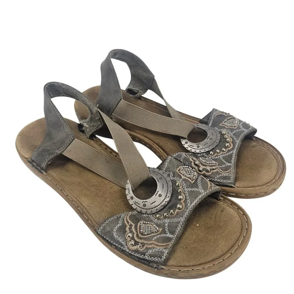 Y2K Rieker Beaded Gray Embroidered Strappy Sandals Boho Silver Emblem EU 40 9.5